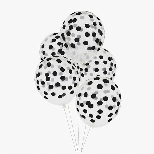 5 PRINTED BALLOONS - BLACK CONFETTI