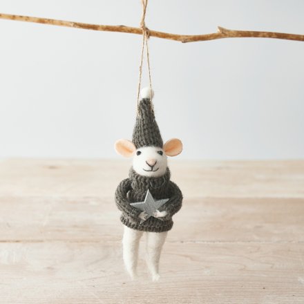 Hanging Mouse with Grey Jumper Christmas Decoration