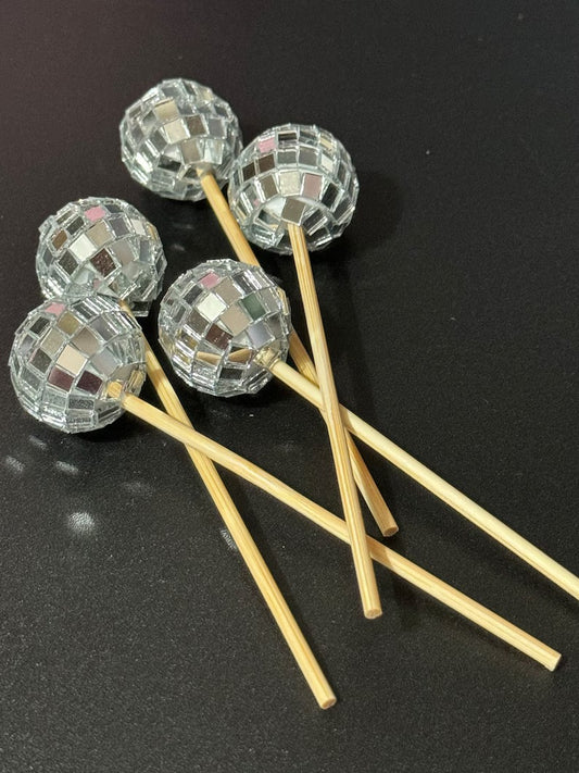 Silver Disco Ball Cake Toppers - Set of 10