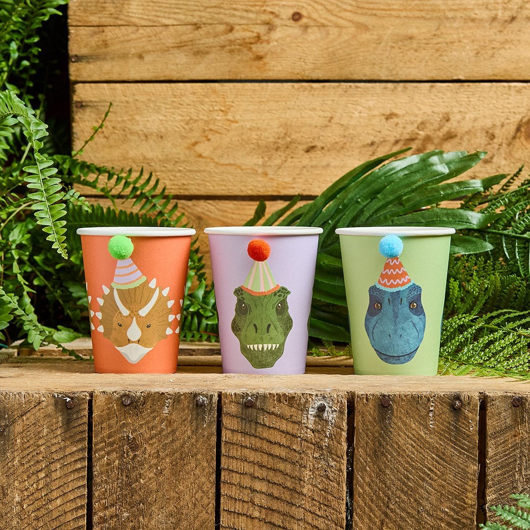 Dinosaur Pom Pom Paper Party Cups - Pack of 6