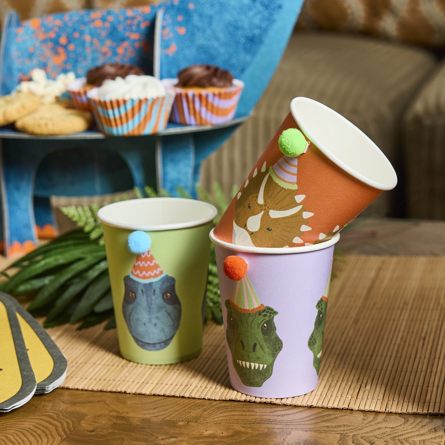Dinosaur Pom Pom Paper Party Cups - Pack of 6