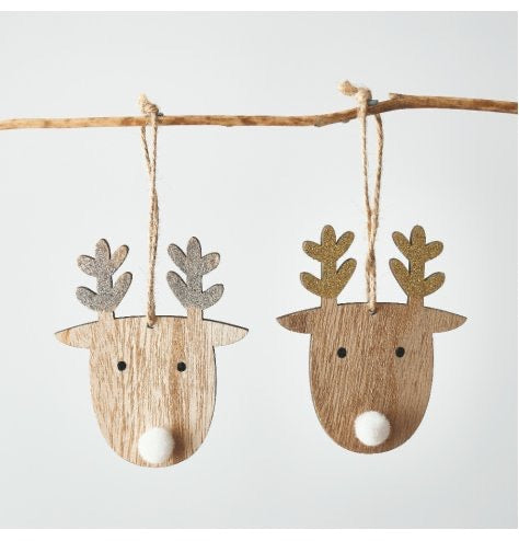 Set of two Pom Pom Nose Wooden Reindeer