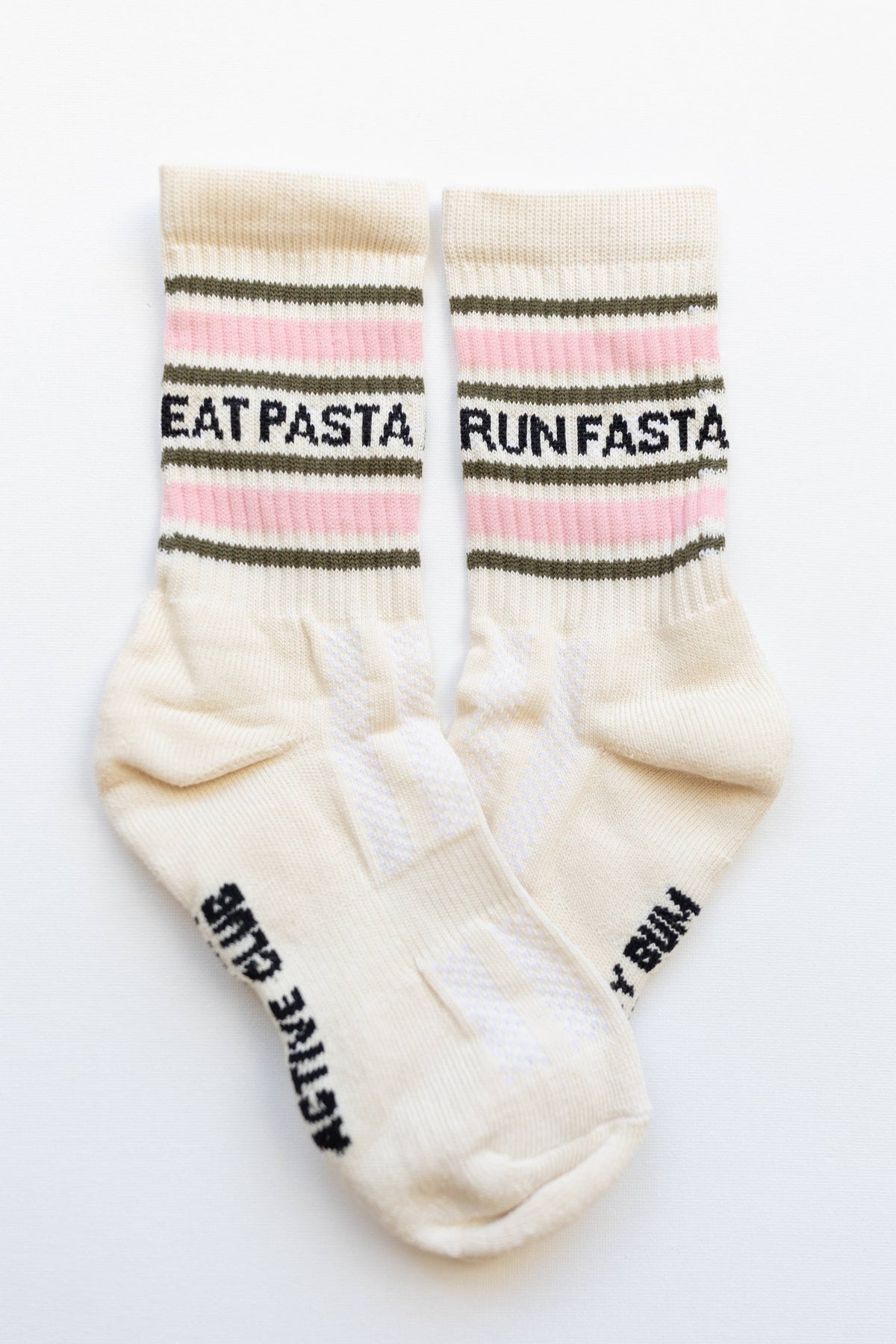 Eat Pasta Run Fasta: Slogan Sports Socks- Cream, Green and Pink