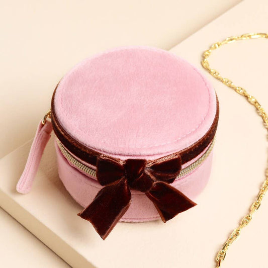 Pink and Burgundy Velvet Bow Mini Round Jewellery Case