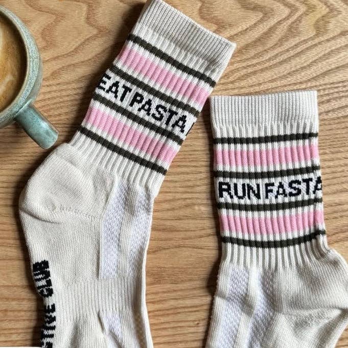 Eat Pasta Run Fasta: Slogan Sports Socks- Cream, Green and Pink