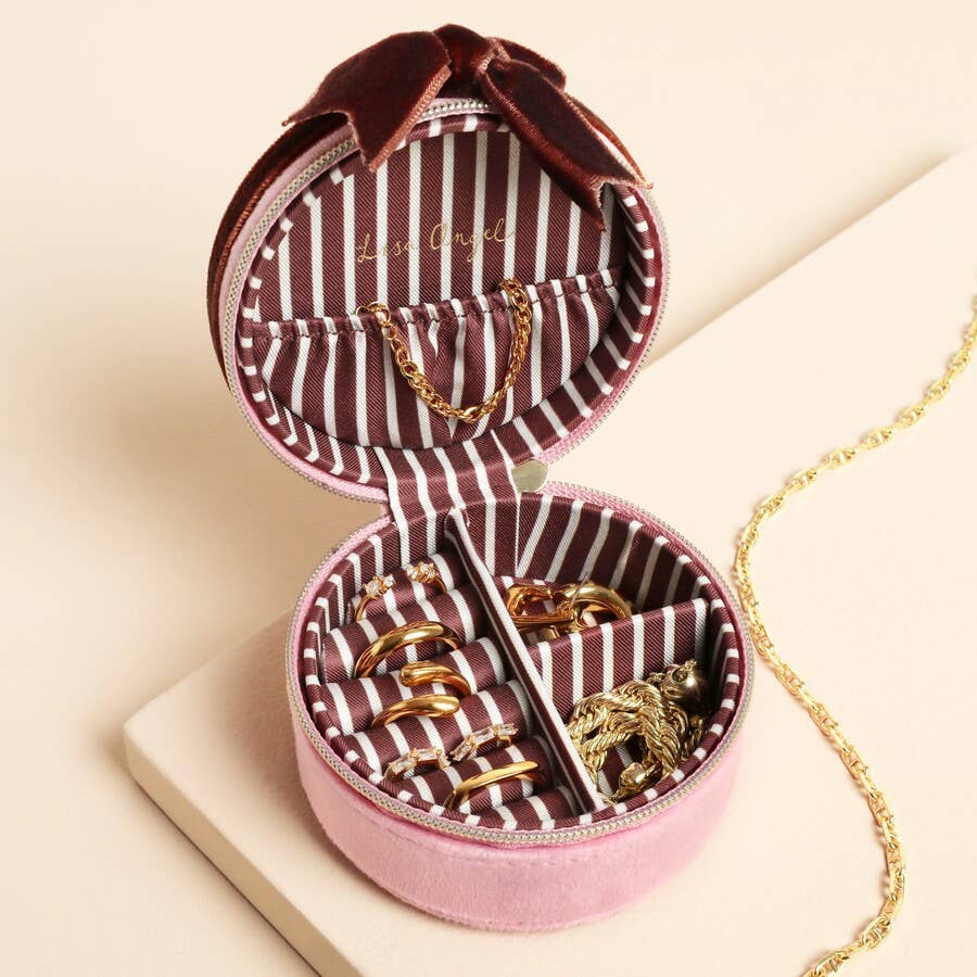 Pink and Burgundy Velvet Bow Mini Round Jewellery Case