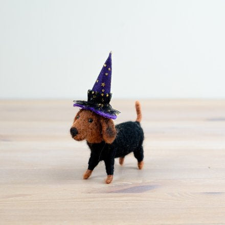 Dachshund with Witches Hat Wool Decoration