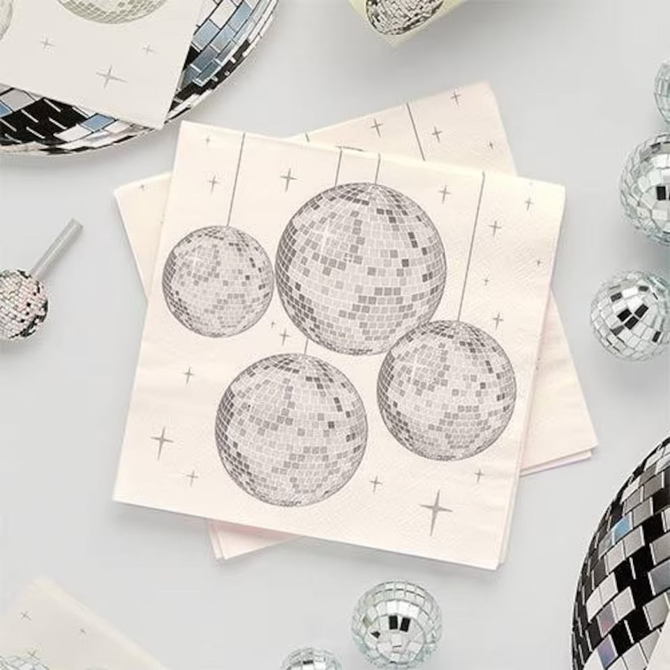 Hootyballoo White and Silver Disco Ball Napkins