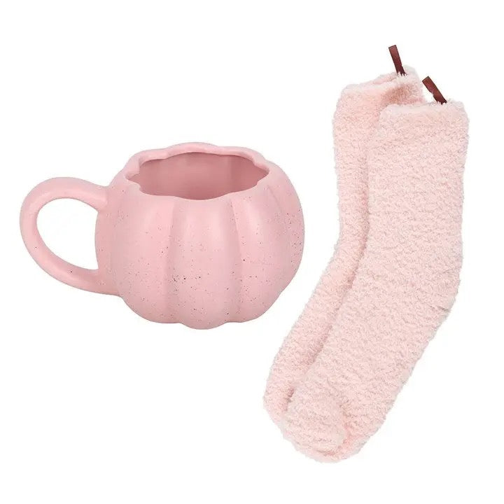 Pink Pumpkin Halloween Autumn Mug and Sock Set