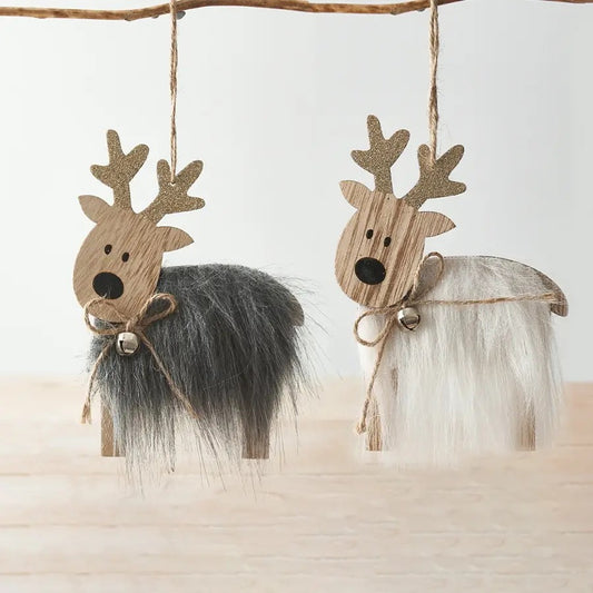 Set of Two Faux Fur Reindeer Decorations with glitter antlers