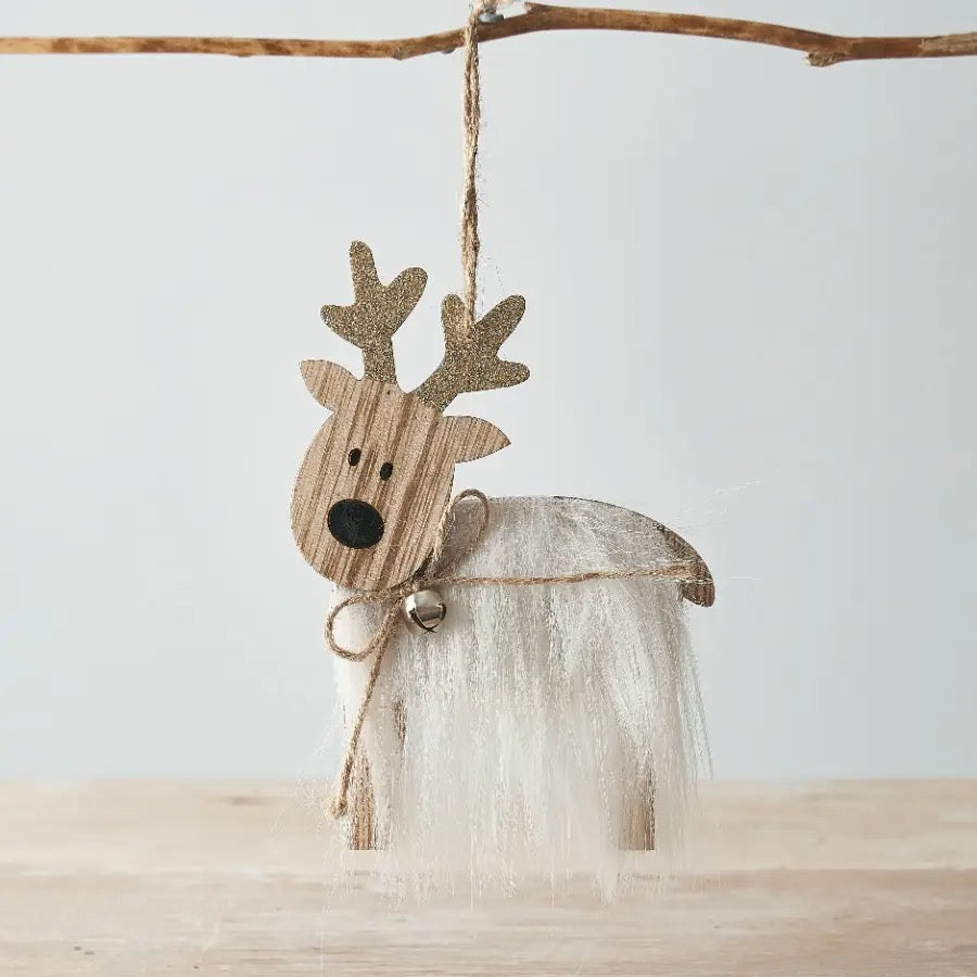 Set of Two Faux Fur Reindeer Decorations with glitter antlers