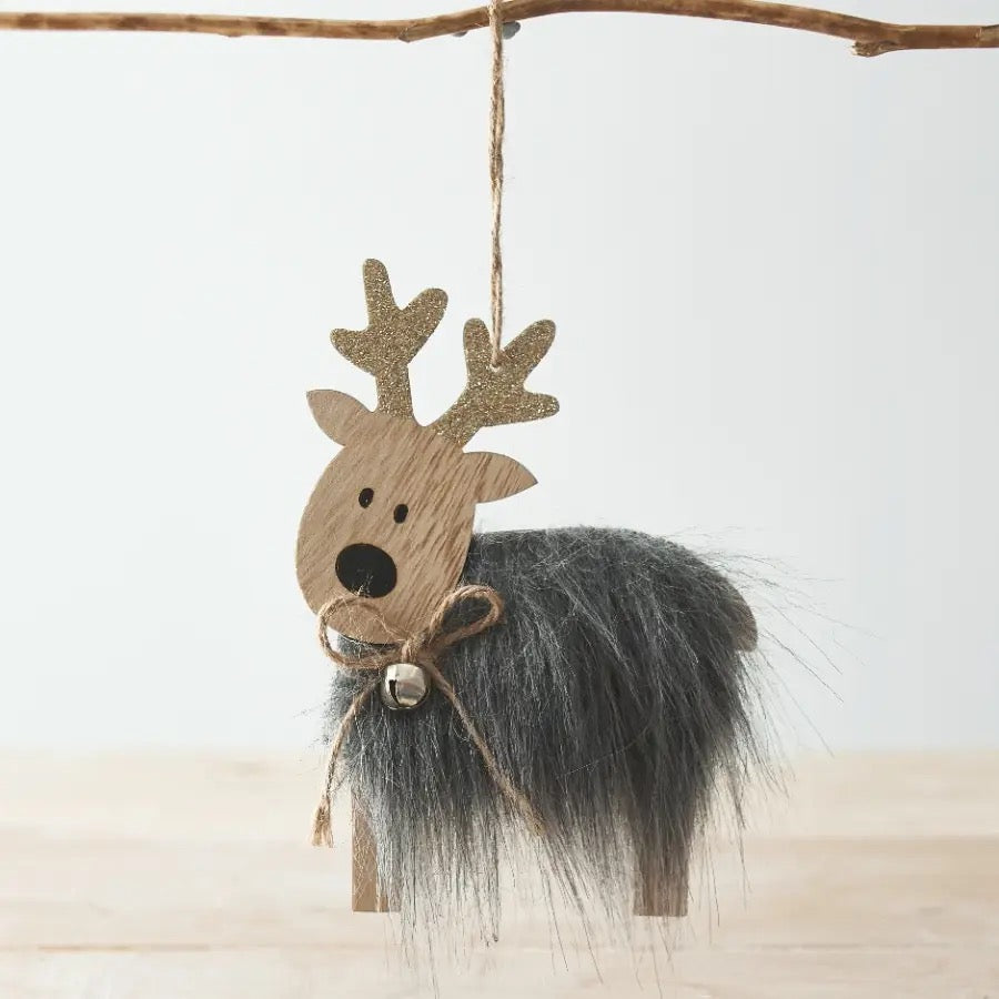 Set of Two Faux Fur Reindeer Decorations with glitter antlers