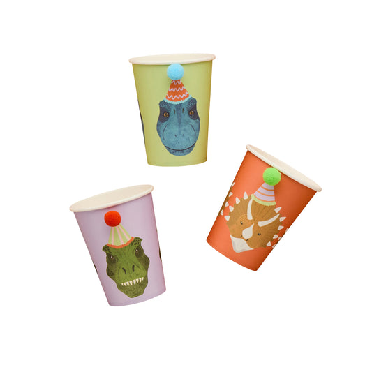Dinosaur Pom Pom Paper Party Cups - Pack of 6