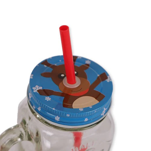 Christmas Character Glass Mason Jar with lid and straw