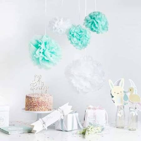 Mint and White Paper Pom Poms