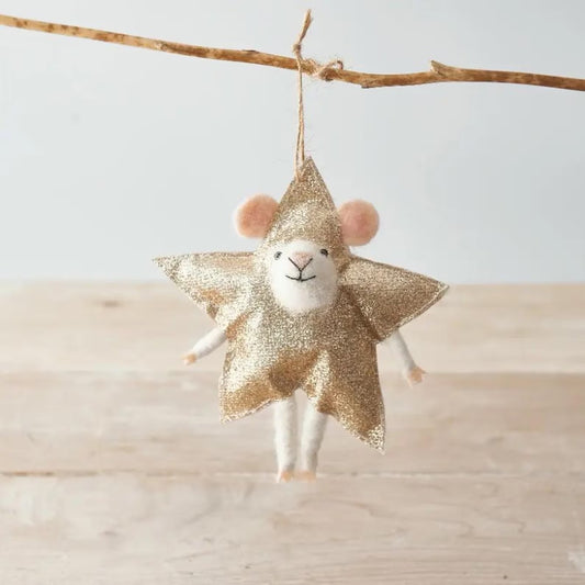 Hanging Mouse with Gold Star Christmas Decoration
