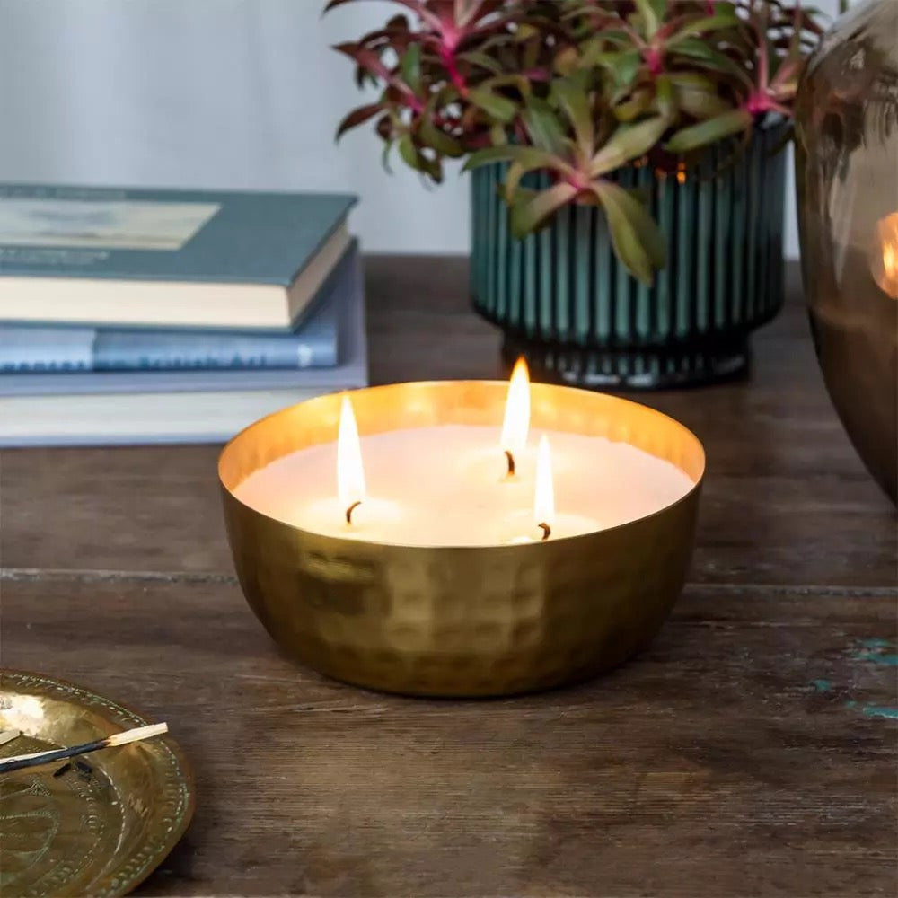 3 Wick Scented Candle - Gold Tone Hammered Metal
